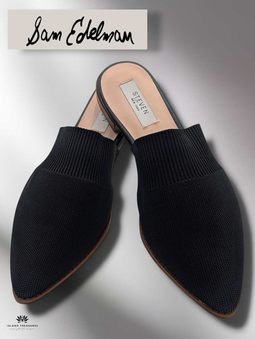 Steven New York Size 9 Valdez Black Knit Pointed Toe Slip On Mule Ballet Flats
